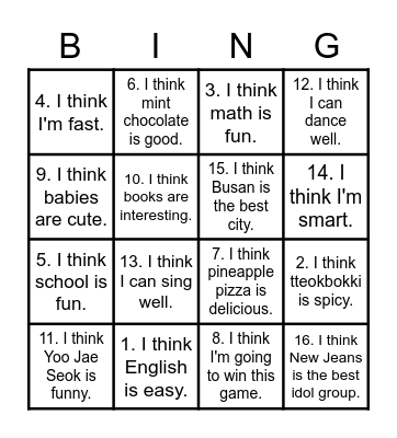 I think so too. / I don't think so. Bingo Card