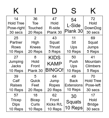 KIDS KAMP CHALLENGE Bingo Card