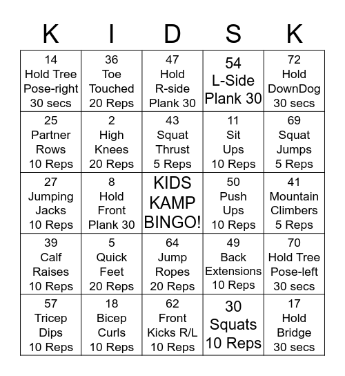 KIDS KAMP CHALLENGE Bingo Card