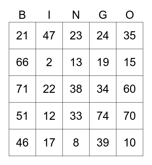 Bingo game card bingo card