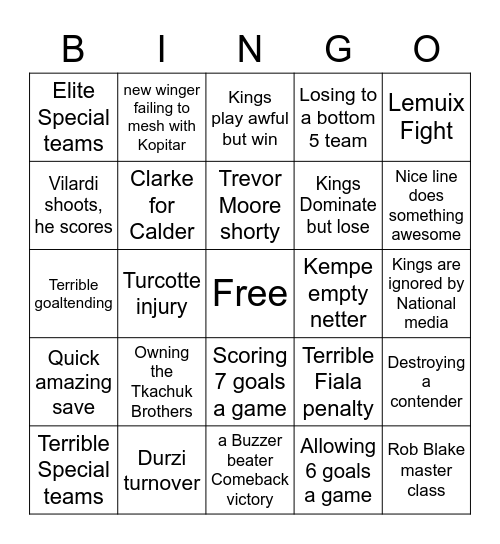 La Kings 2022-2023 Bingo Card
