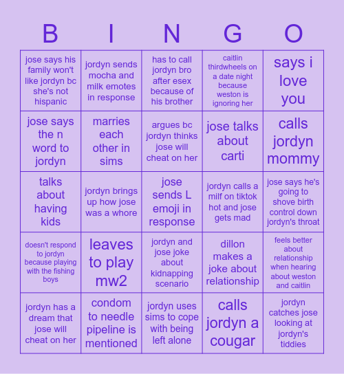J&J Bingo Card