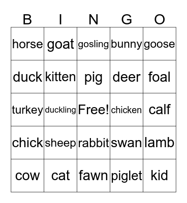 Animal Bingo Card