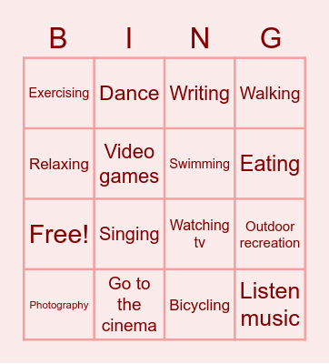 Leisure time Bingo Card