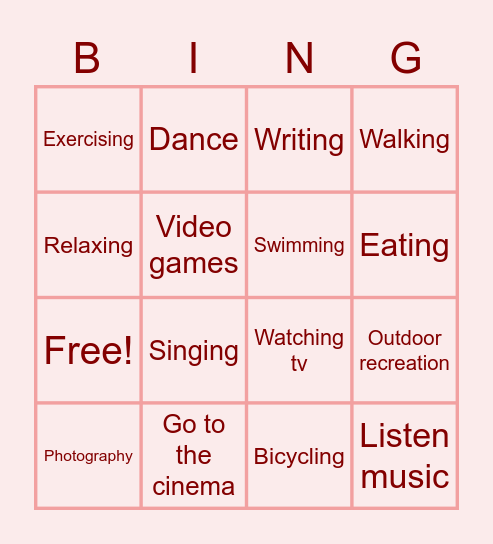 Leisure time Bingo Card