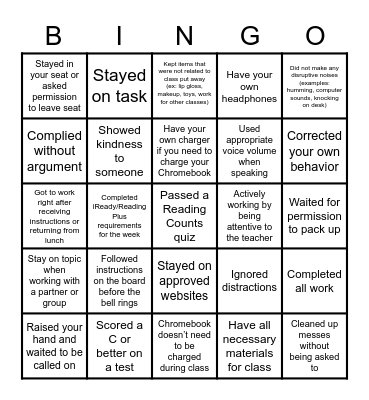 Classroom Bingo Card