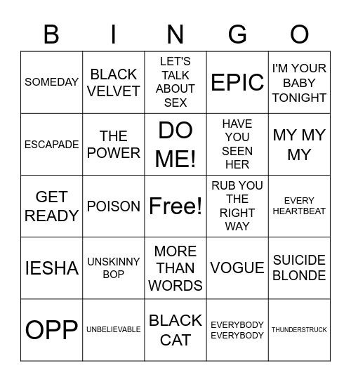 90'S HITS Bingo Card