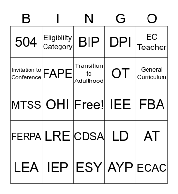 Special Education Bingo Card