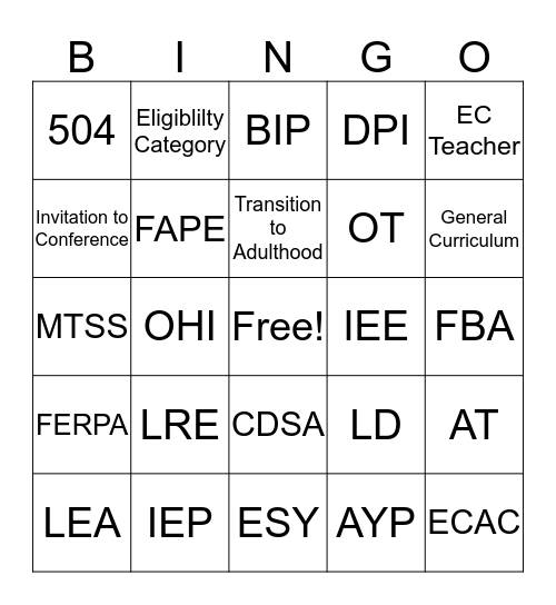 Special Education Bingo Card