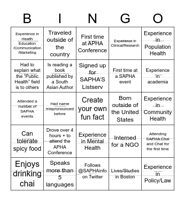 SAPHA Chai and Chat Bingo Card