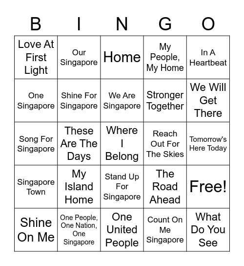 National Day Songs Bingo Card