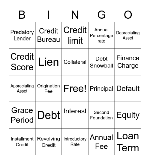 Credit and Debt Bingo Card