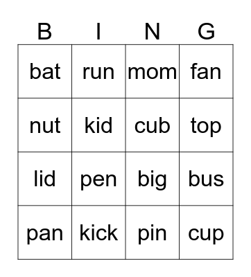 Short phonics Bingo Card