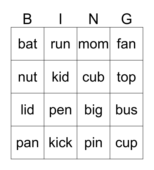 Short phonics Bingo Card