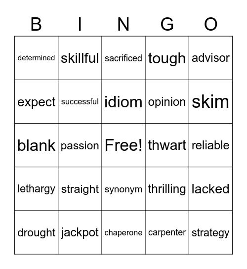 Vocabulary Words Bingo Card