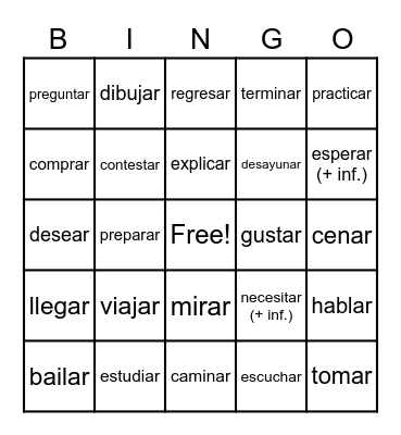 -ar verbs infinitive Bingo Card