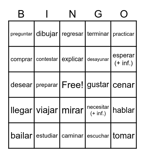 -ar verbs infinitive Bingo Card