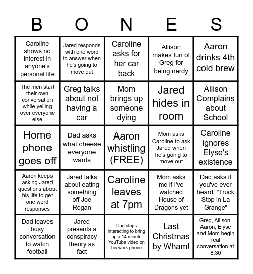 Bone Family Bingo Card