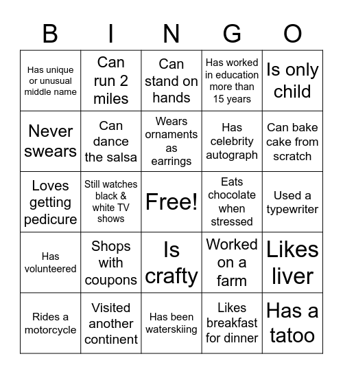 Staff Scavenger Hunt Bingo Card