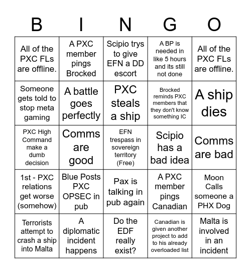 PXC Bingo Card