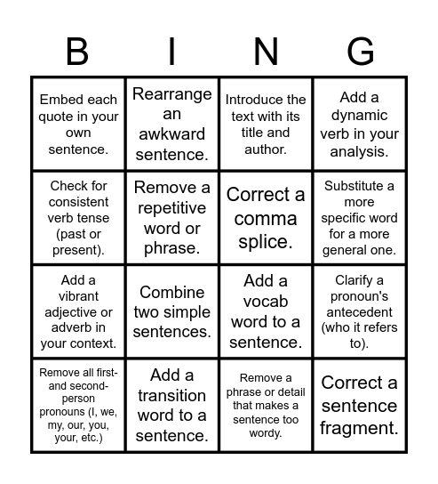 Analysis Revision Bingo Card