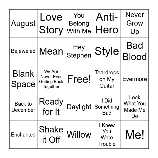 T Swizzle Bingo Card