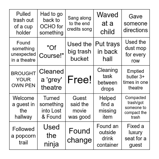 Cleaning Team Bingo Card