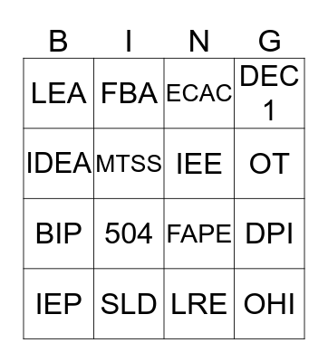 Special Education Bingo Card