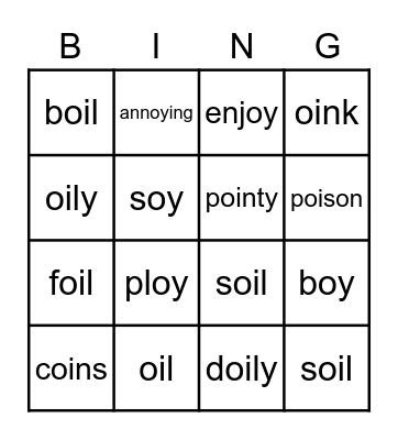 oi and oy Bingo Card
