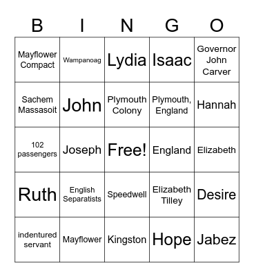 John Howland Bingo 1591 – Feb 23, 1672/3 Bingo Card