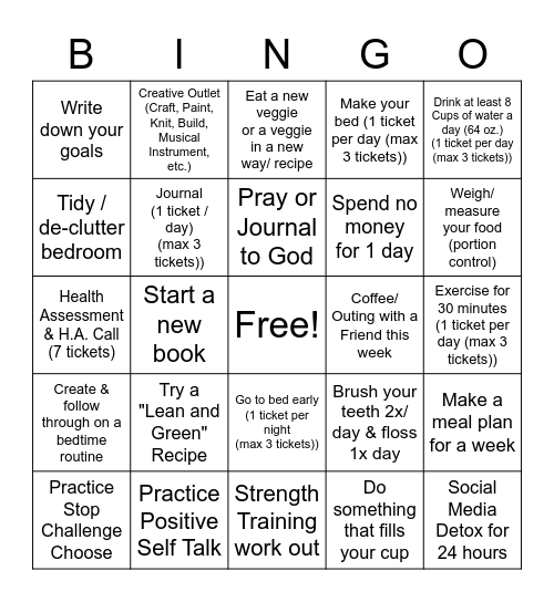Fun Healthy Challenge Bingo Card