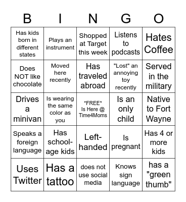 Time4Moms BINGO Fun Bingo Card