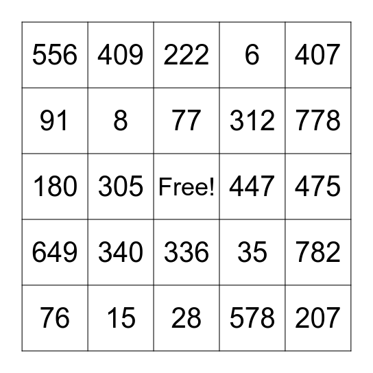 Subtraction Bingo Card