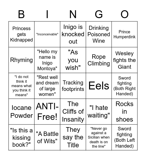 Princess Bride - Round 1 Bingo Card