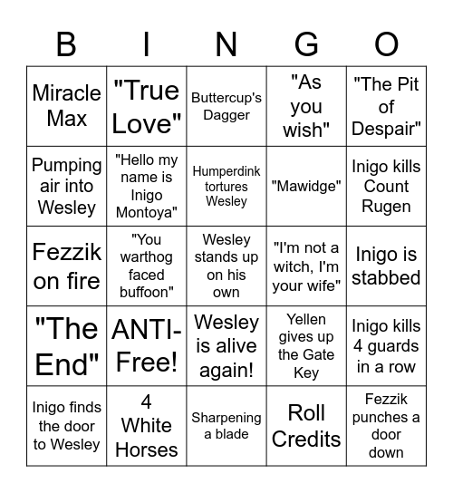 The Princess Bride - Round 3 Bingo Card