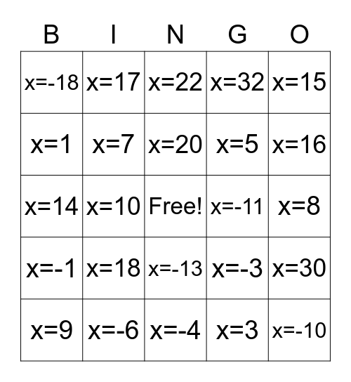Two-Step Equations BINGO Card