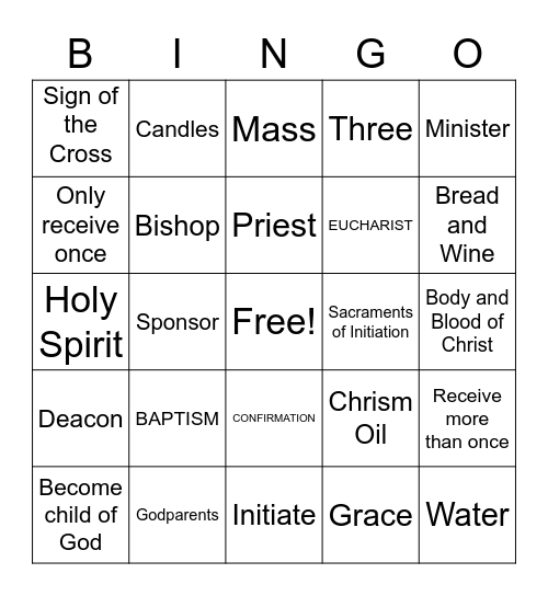 Sacraments of Initiation Bingo Card