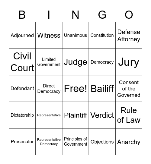 Principles of Government/ Mock Trial Terms Bingo Card