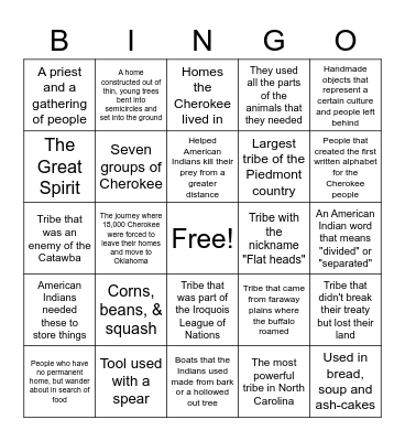 4th Grade Native American Studies Bingo Card