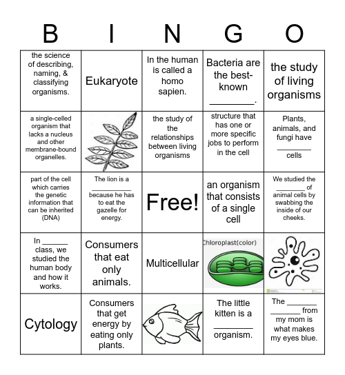 Life Science Vocabulary Game Bingo Card