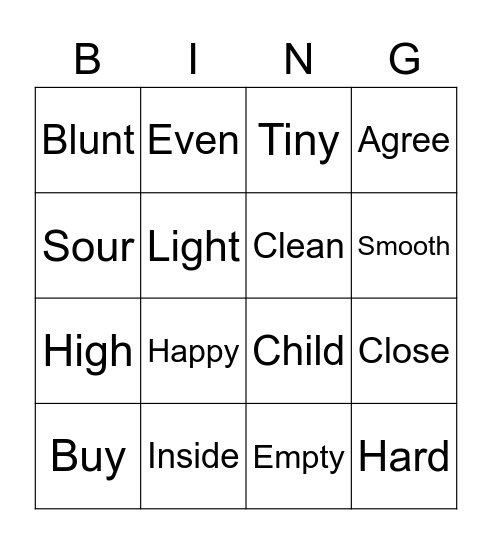 Antonym Bingo Card