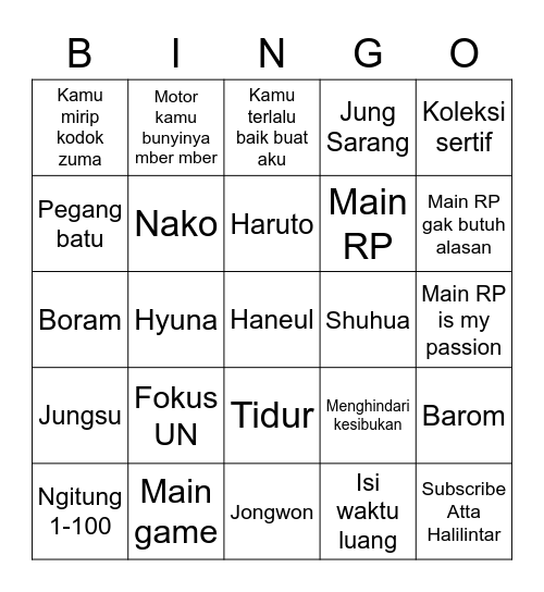 JY's Bingo Card