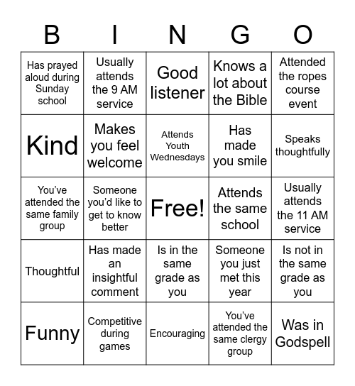 Confirmation Sunday School Bingo Card