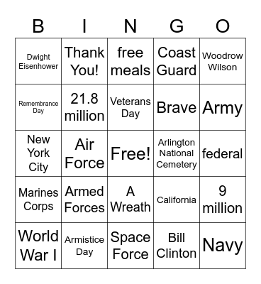 Veterans Day Bingo Game Bingo Card