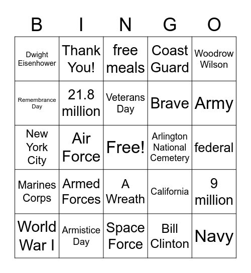 Veterans Day Bingo Game Bingo Card