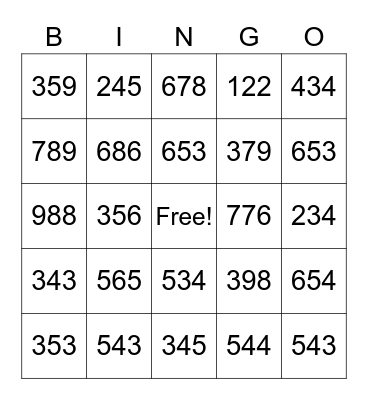 Number Bingo Card