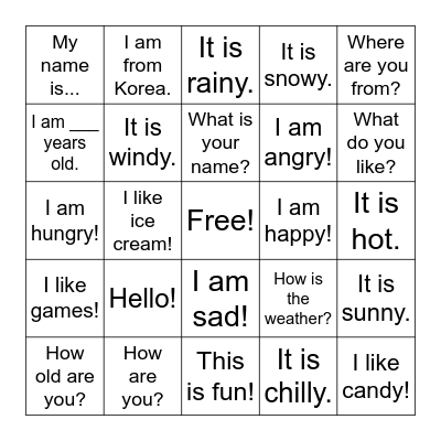 English Bingo! Bingo Card