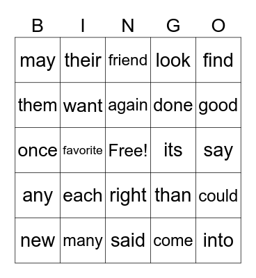 1st Grade Sight Words Bingo Card