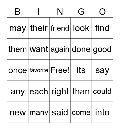 1st Grade Sight Words Bingo Card