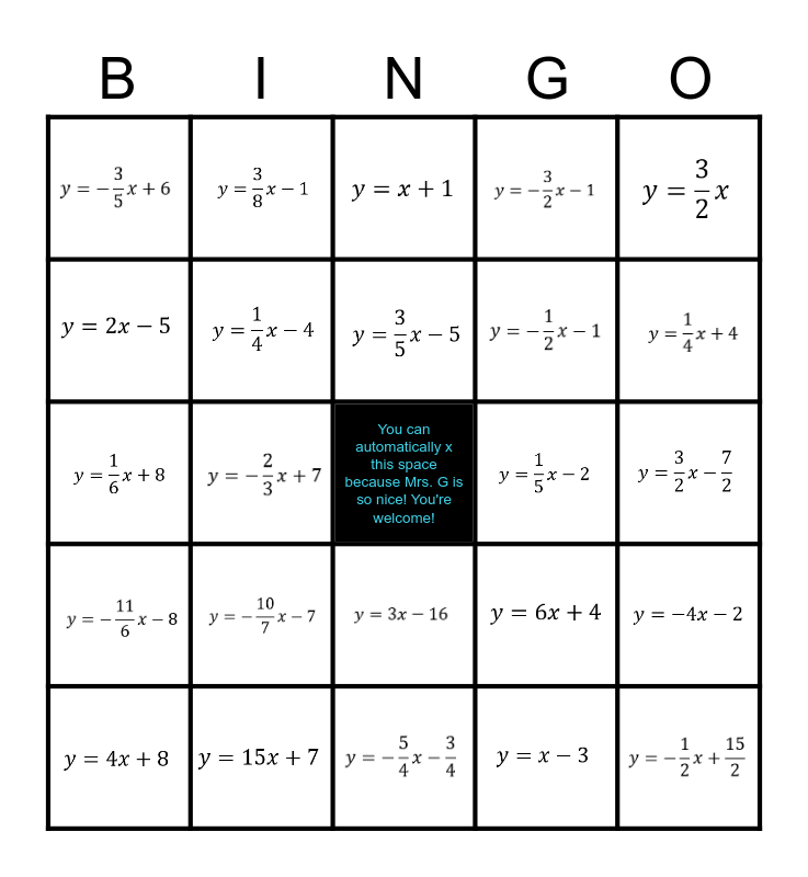 Standard Form to Slope Intercept Form BINGO Card